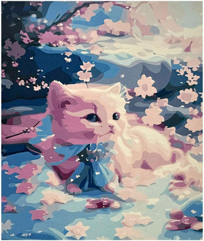 Obraz MALOWANIE PO NUMERACH RAMA W ZESTAWIE 50x40 Kot Różowy Kwiaty Wiśni