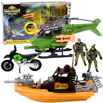 Zestaw Militarny Łódź zwiadowcza Motor Helikopter Wojsko Żołnierze Figurki