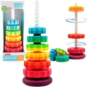 ZAKRĘCONA PIRAMIDA WIEŻA TĘCZOWA EDUKACYJNA MONTESSORI NAJWIĘKSZA XXL 41CM