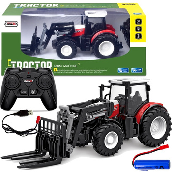 DUŻY TRAKTOR ZDALNIE STEROWANY Z ŁYŻKĄ WIDLAK GUMOWE KOŁA RC ŚWIATŁO LED