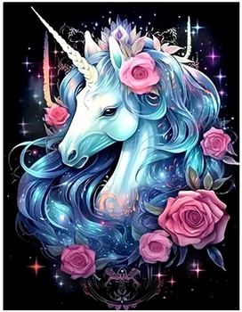 Obraz MALOWANIE PO NUMERACH RAMA W ZESTAWIE 50x40 Głowa Jednorożca Z Kwiatami