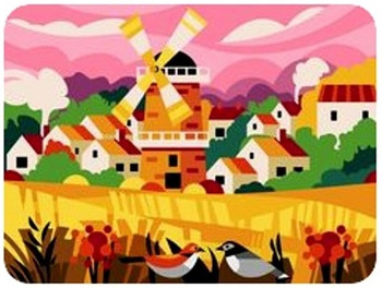 Obraz MALOWANIE PO NUMERACH dla dzieci RAMA W ZESTAWIE 50x40 Wioska Młyn Ptaszki